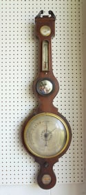 A English John Wilson mahogany banjo barometer, with 3 attached weather related dials and a small