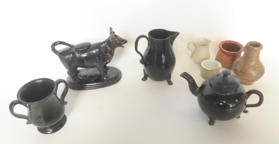 Grouping of 4 pieces of early English earthenware, Jackfield-type in black glaze, plus 4 pieces of