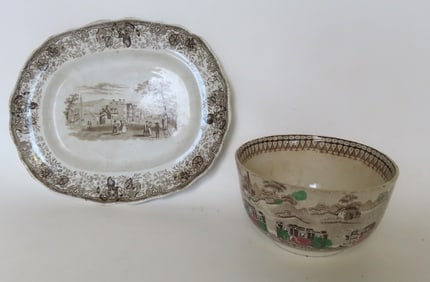 Two pieces of Staffordshire transferware china including a brown and white small platter with a