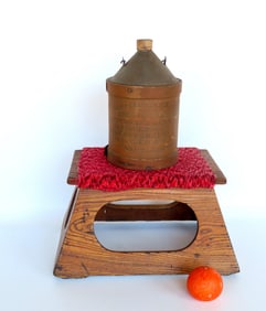 A hand made oak railroad step stool with newer rug covering and added rubber feet, 19th century,