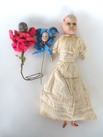 Three vintage dolls,  a 19th century wax doll & 2 Spanish shaft dolls.