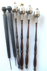 Grouping of 6 early fraternal ceremonial or parade torches with turned wooden handles. Two with
