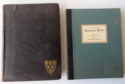 Two vintage books. The first titled "A Treasury of American Prints", edited by Thomas Craven and
