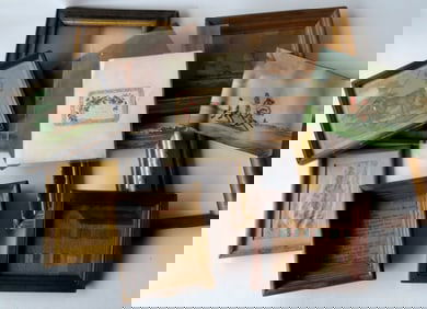 Grouping of vintage frames and artwork. Includes a good 19th century lemon gold frame currently