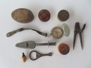 A grouping of country miniatures, all 19th to early 20th century, including: A paper mache snuff box