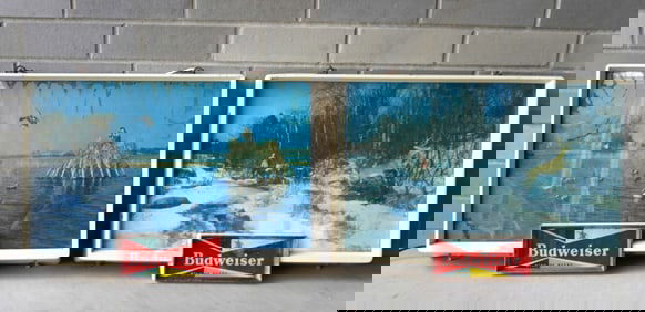 Two vintage Budweiser Beer electric wall hanging light-up advertising signs with hunting motifs