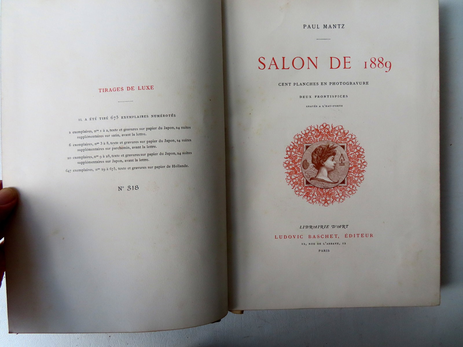 "Salon De 1889" by Paul Mantz with 100 photoengraved plates with etchings (Luxury Prints Edition),: "Salon De 1889" by Paul Mantz with 100 photoengraved plates with etchings (Luxury Prints Edition), limited edition No. 318, published in Paris 1889. Small loss to bottom of spine and use wear to origi