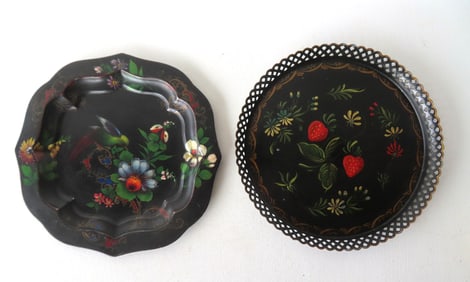 Two toleware hand painted trays, probably Welsh Pontypool, 19th century in very good original