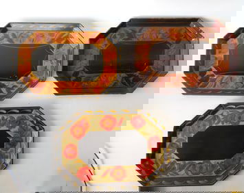 Three very fine octagonal shaped hand painted toleware trays. Two are circa 1950-60, and one is 19th