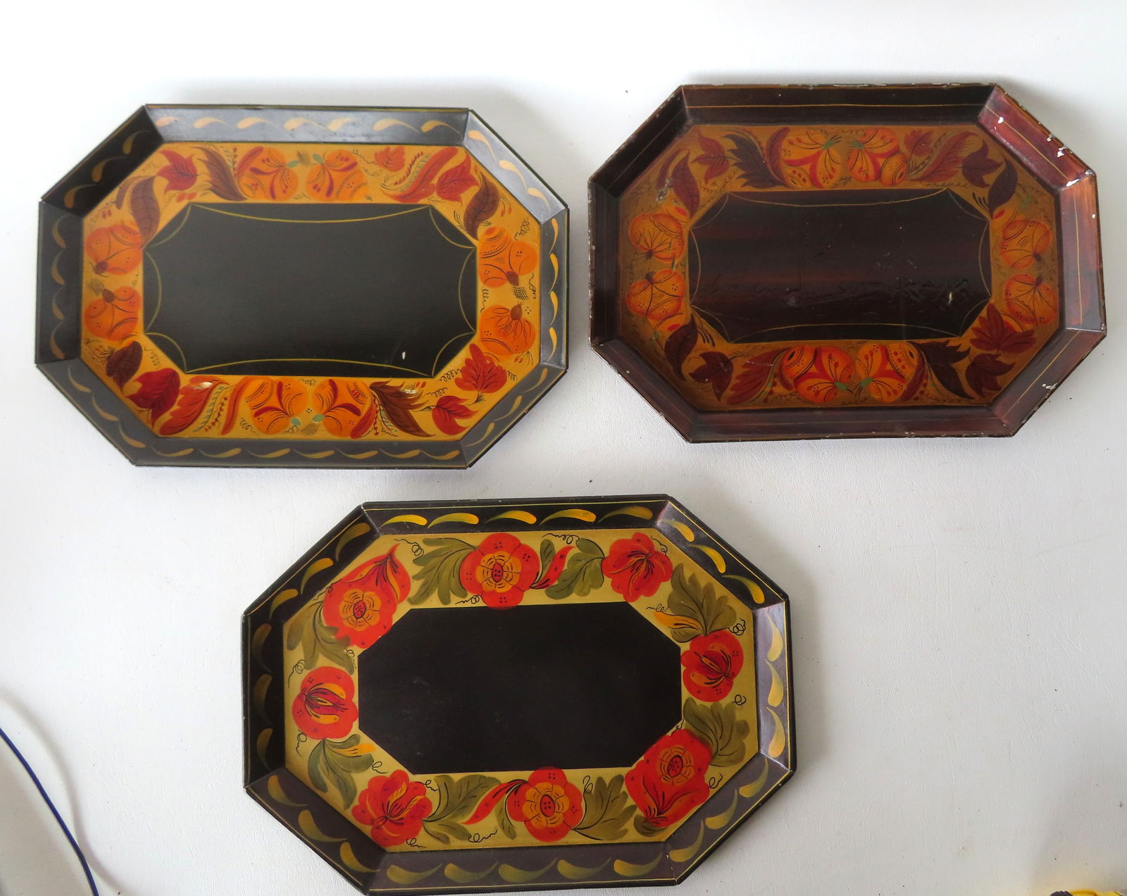 Three very fine octagonal shaped hand painted toleware trays. Two are circa 1950-60, and one is 19th (1 of 11)