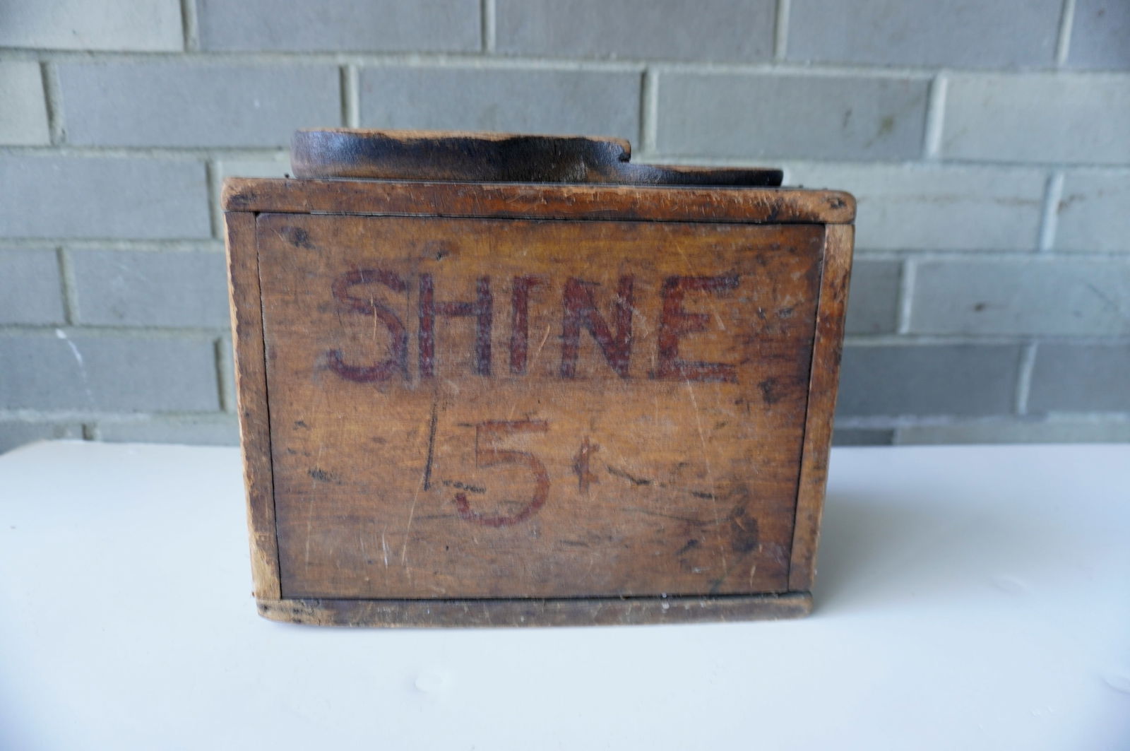 A primitive hand made wooden shoe shine box, hand painted marked "SHINE 5 cents" - extensive use (1 of 4)