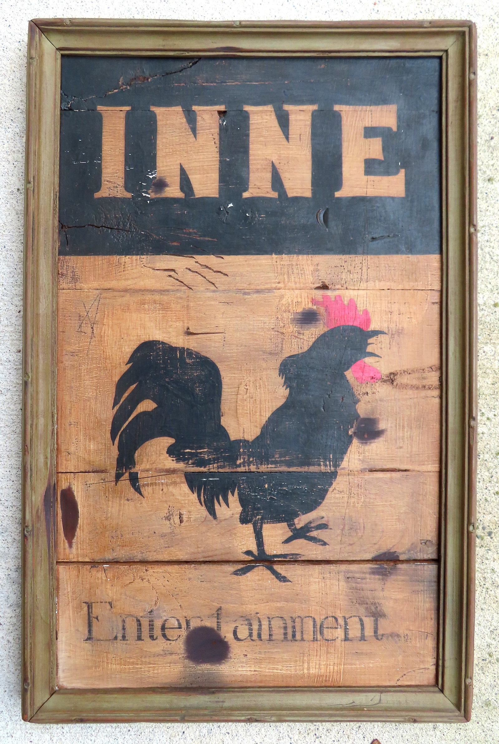 A hand made wooden sign marked "INNE ENTERTAINMENT" with image of rooster on front panel, circa: A hand made wooden sign marked "INNE ENTERTAINMENT" with image of rooster on front panel, circa 1965. According to consignor, this items was purchased from "Millbrook Hollow Craftsmen / Millbrook N.Y.
