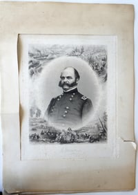 General Ambrose Burnside engraving with his original pencil signature on the lower border of the