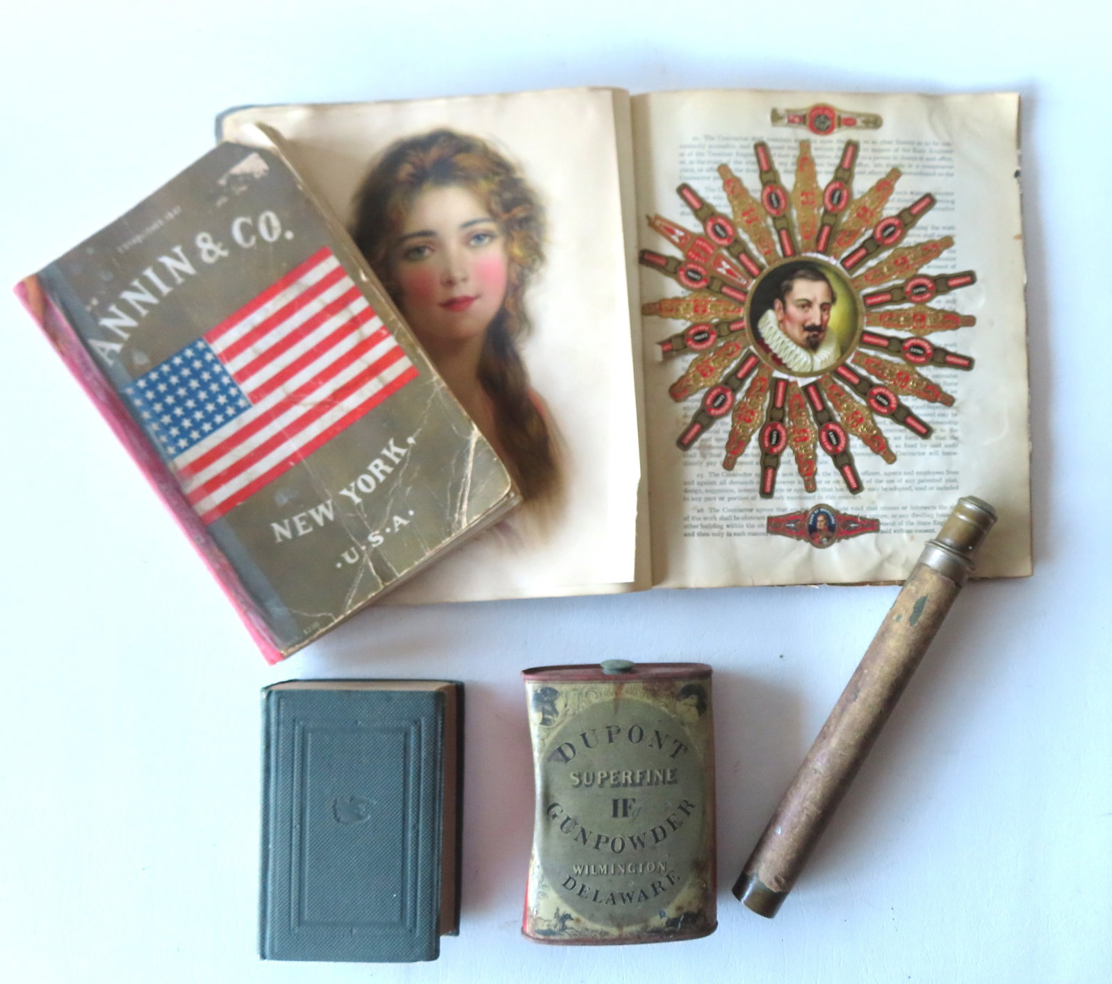 Grouping of patriotic and military articles including: An adjustable narrow spy glass with worn: Grouping of patriotic and military articles including: An adjustable narrow spy glass with worn leather covering, 19th century - 9 3/4"L x 1" in closed position x 1" diameter, and opens to 22 1/4"L - 