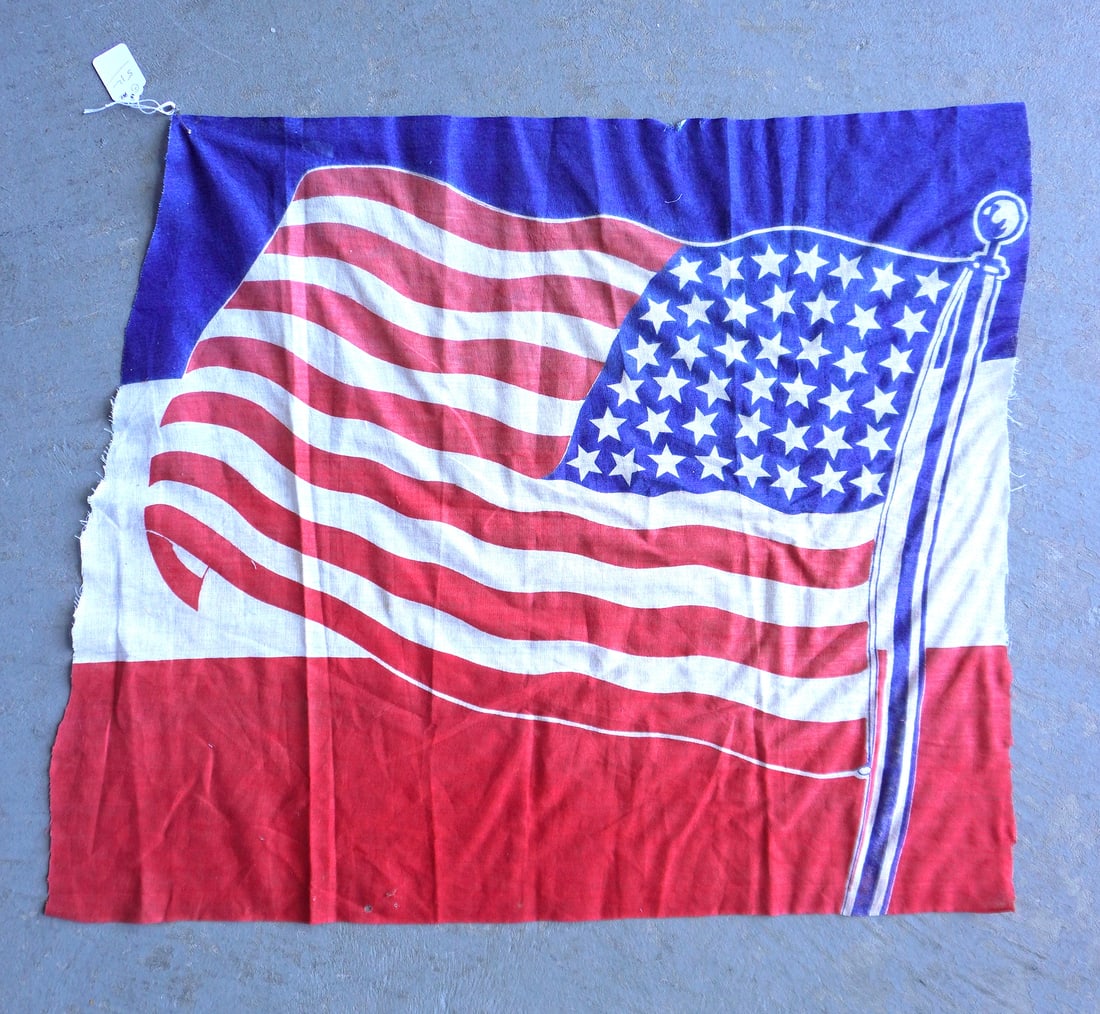 A 43 star American fabric flag, good condition, circa 1890-91. Measures 23" x 27" - note that the: A 43 star American fabric flag, good condition, circa 1890-91. Measures 23" x 27" - note that the pattern has an uneven cut on one side. Provenance: From the Marni Bakst and William Sadler collection