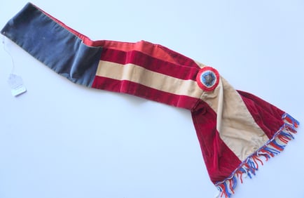 A Centennial patriotic parade sash circa 1876. Total wearing size 40"L x 13 1/2"W at base. The sash