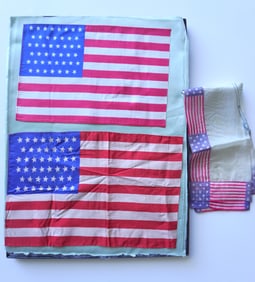 Grouping of 3 patriotic textiles/flags including: WWI Silk scarf marked "Camp Greetings - good