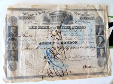 An 1837 Bank of the United States financial (stock) certificate from Philadelphia Pennsylvania
