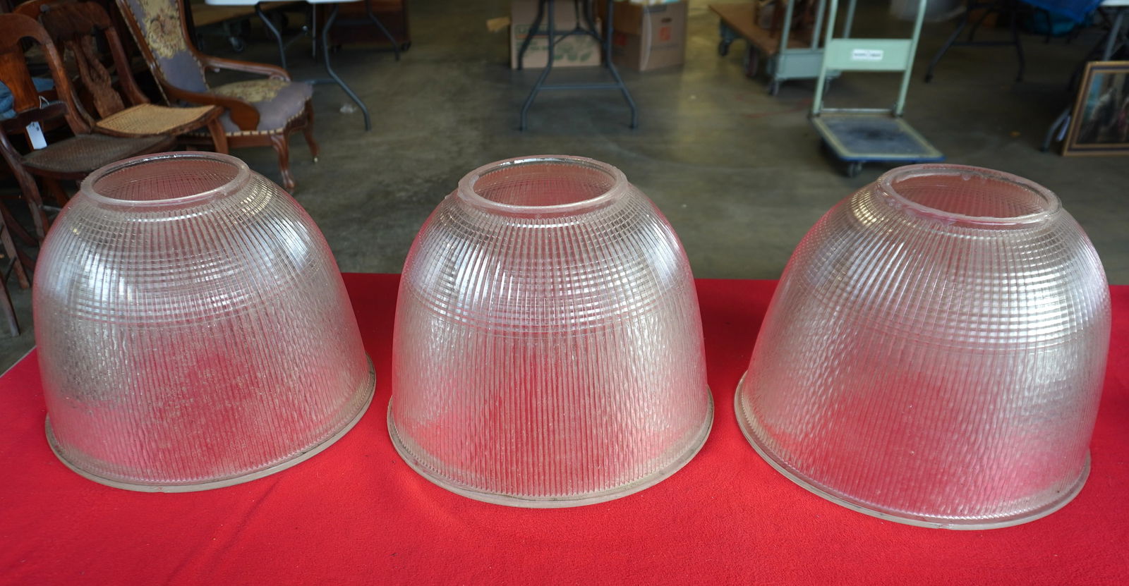 Three matching large industrial fluted glass shades, circa 1930-50 - several minor rim chips. (1 of 10)