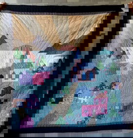 A modern Amish pictorial quilt, hand sewn, depicting the sun over the mountains, trees, building and