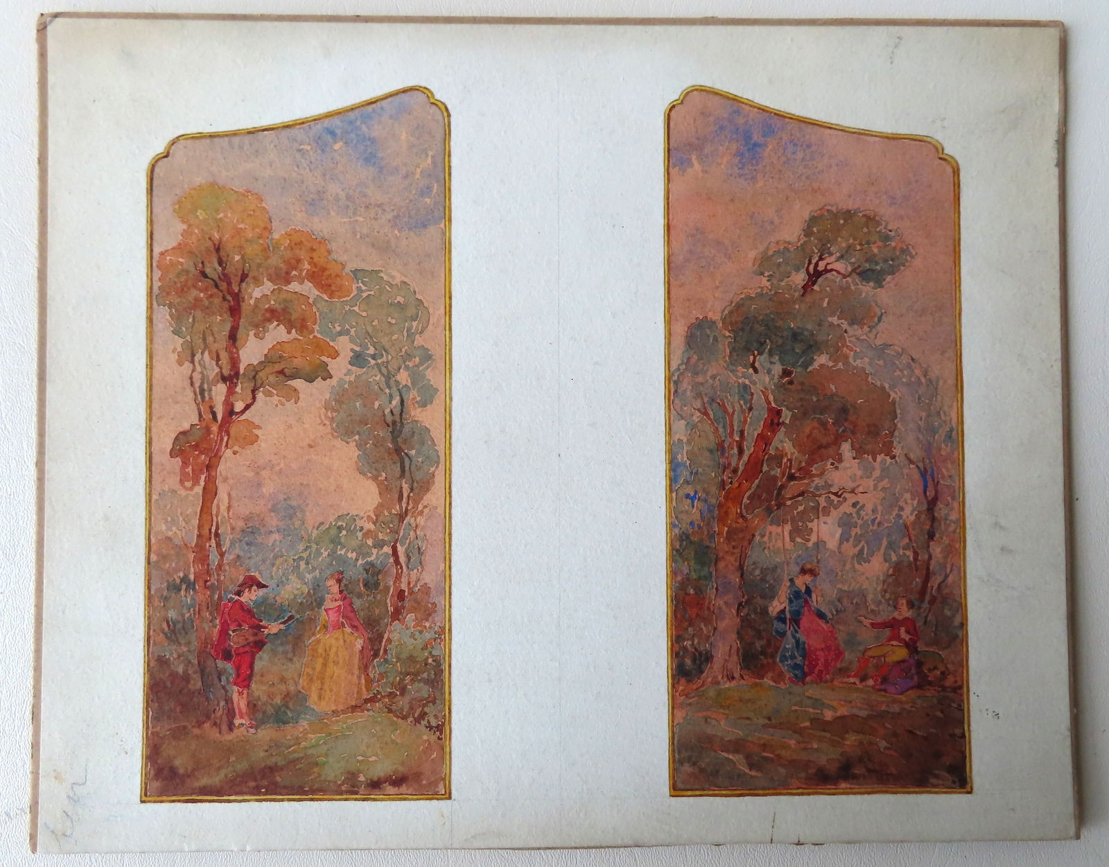 Two W/C Mural studies, both of romantic scenes of man & woman, circa 1900. Good condition. Total (1 of 4)