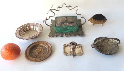 Grouping of decorative objects including: A gilded metal figural pig pen wipe brush,