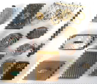 Grouping of vintage decorative accessories including a German silver match safe decorated with an Am