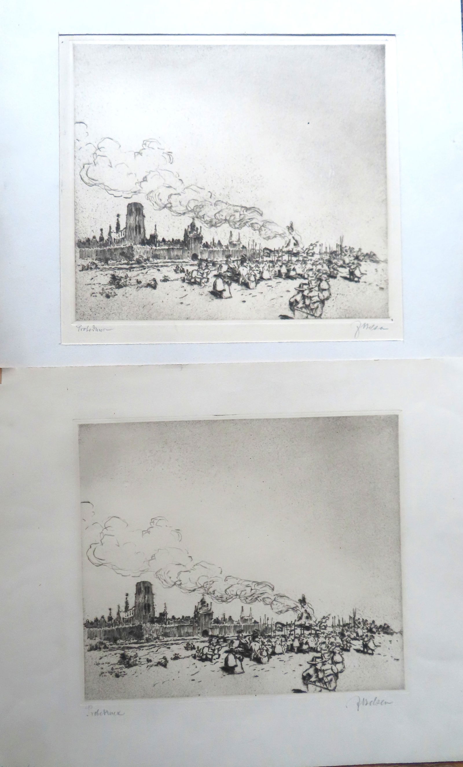 Two identical "Burning of a Witch" drypoint prints by Jacobus Belsen, active in Russia, Germany & NY (1 of 10)