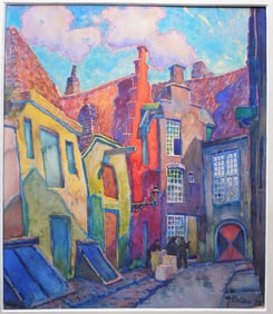 W/C street scene with buildings and figures, signed "J. Belsen '25" - location also written in penci