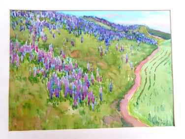 Impressionist W/C purple flowers growing on hillside by country lane signed "J.Belsen '31". Jacobus