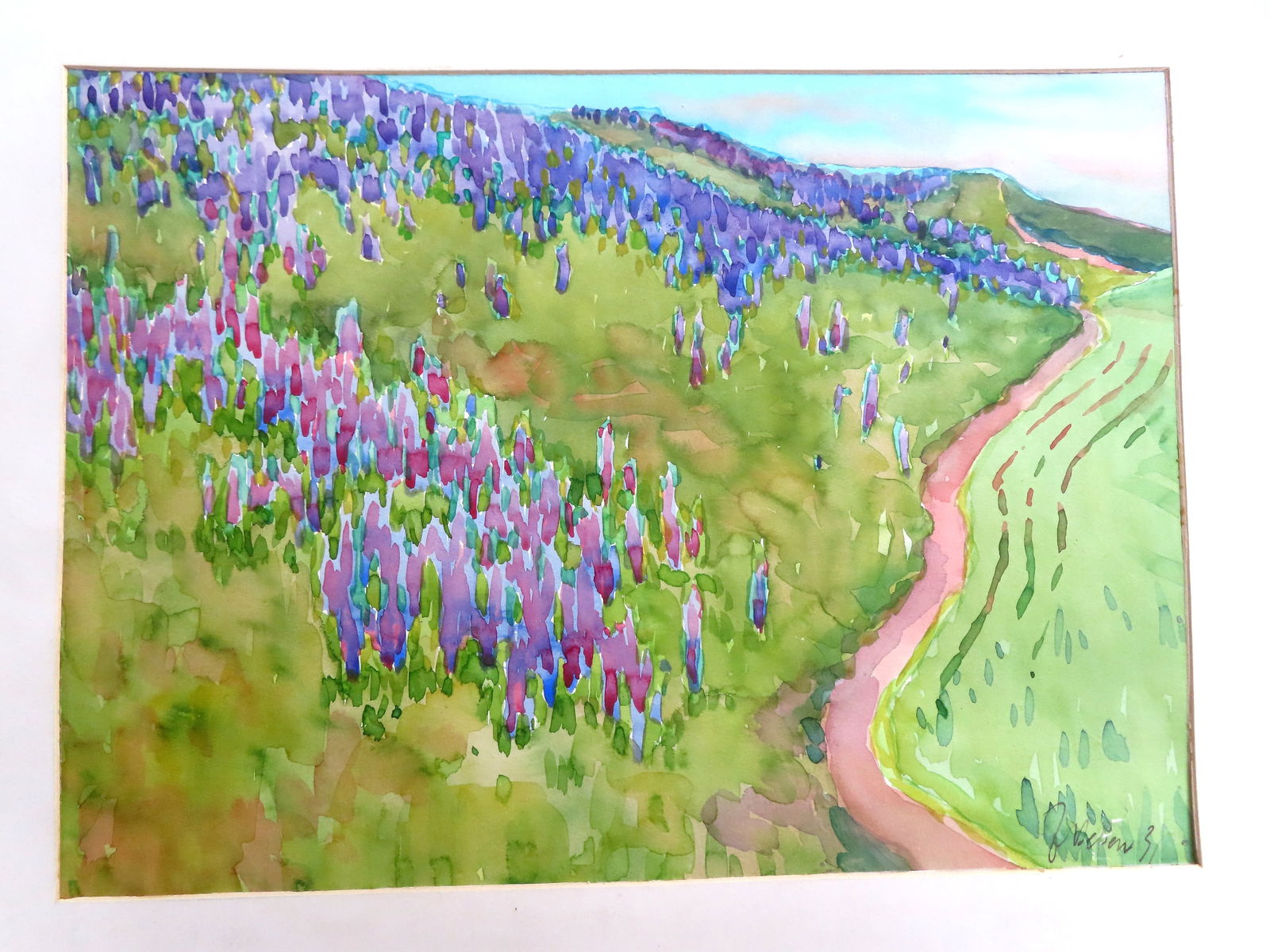 Impressionist W/C purple flowers growing on hillside by country lane signed "J.Belsen '31". Jacobus (1 of 5)