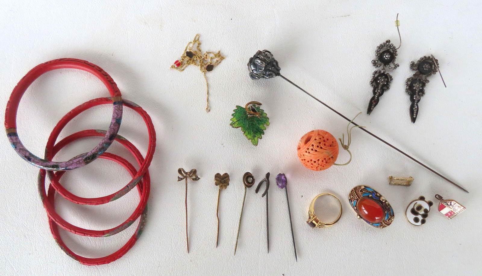 Grouping of mostly vintage jewelry including stick pins; bangle bracelets; an Art Nouveau st (1 of 20)