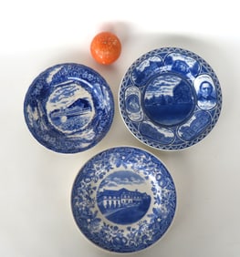 Three Poughkeepsie NY blue and white transferware collectible plates including: Wedgewood Vassar Col