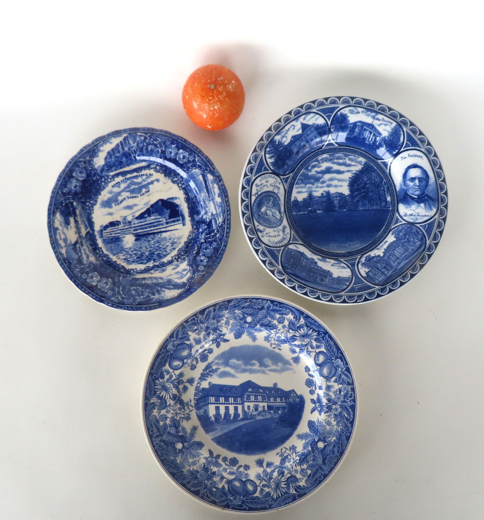 Three Poughkeepsie NY blue and white transferware collectible plates including: Wedgewood Vassar Col (1 of 5)