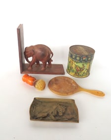 Grouping of various collectibles including: A bronze or brass visiting card tray decorated with a hi