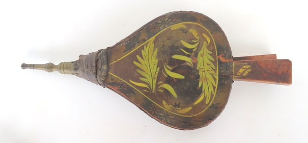 A hand painted bellows decorated with leaves in original yellow paint, circa 1830-50. The leather is