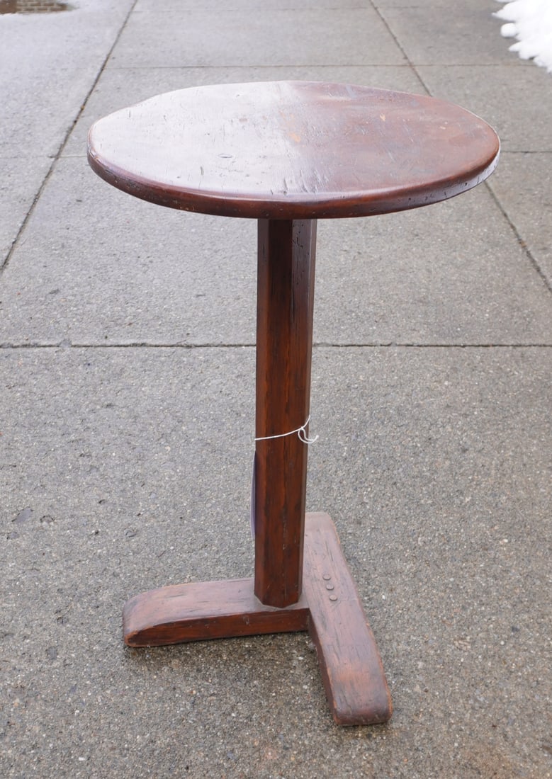 A primitive pine candlestand, with circular top attached to hexagonal post leading to a tri-foot bas (1 of 6)
