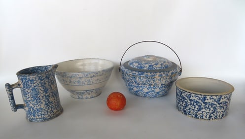 Four blue and white spongeware kitchen stoneware including: Mixing bowl, 11" diameter x 5 1/2"H - ha