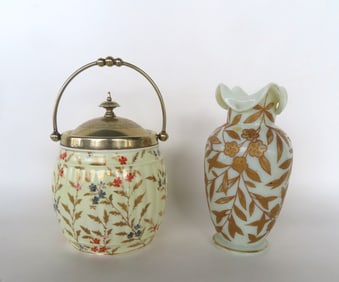 A hand painted Victorian Wedgwood biscuit jar with silver lid and silver bail handle, decorated with