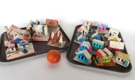 Grouping of 19 vintage Christmas village houses, most post war Japan 1950-70. Includes 11 that are t