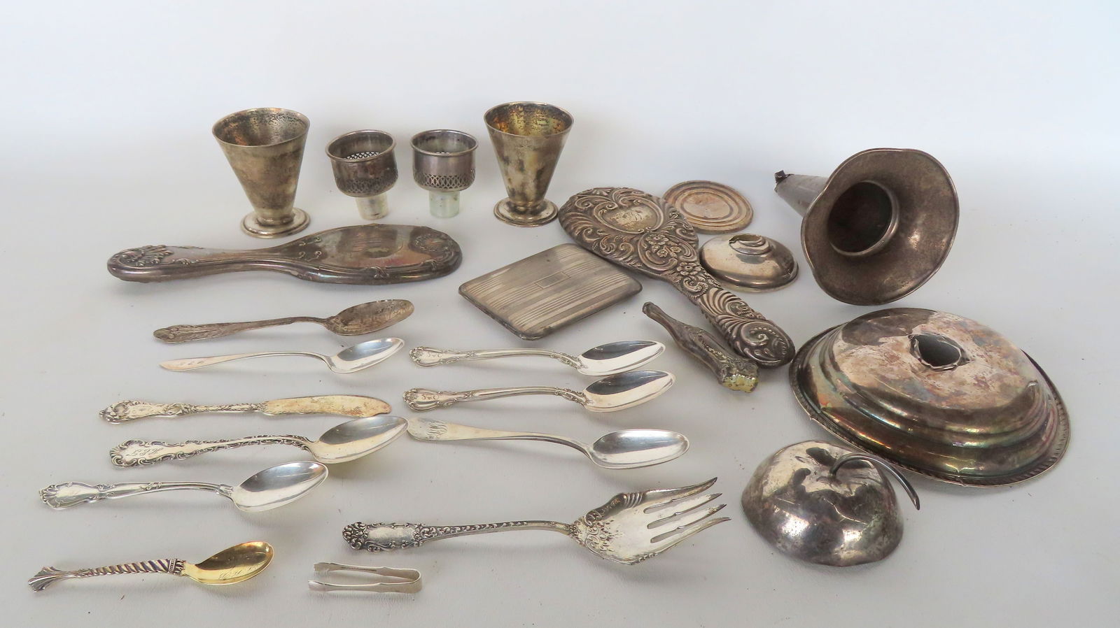Grouping of sterling silver including flatware, an Elgin cigarette case with gold wash interior, 2 s (1 of 18)