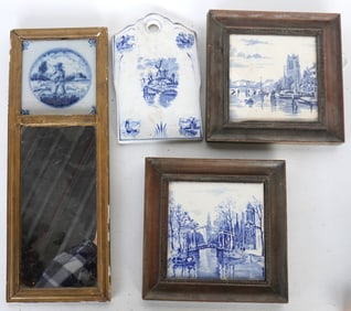 Grouping of 3 Delft tiles and 1 Delft wall plaque, the latter with a small chip on reverse side bott