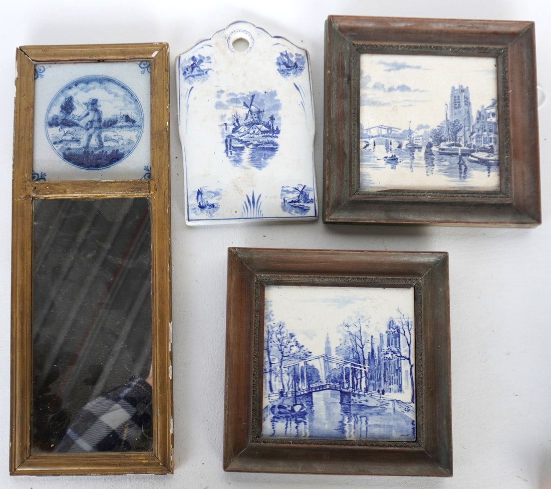 Grouping of 3 Delft tiles and 1 Delft wall plaque, the latter with a small chip on reverse side bott (1 of 17)