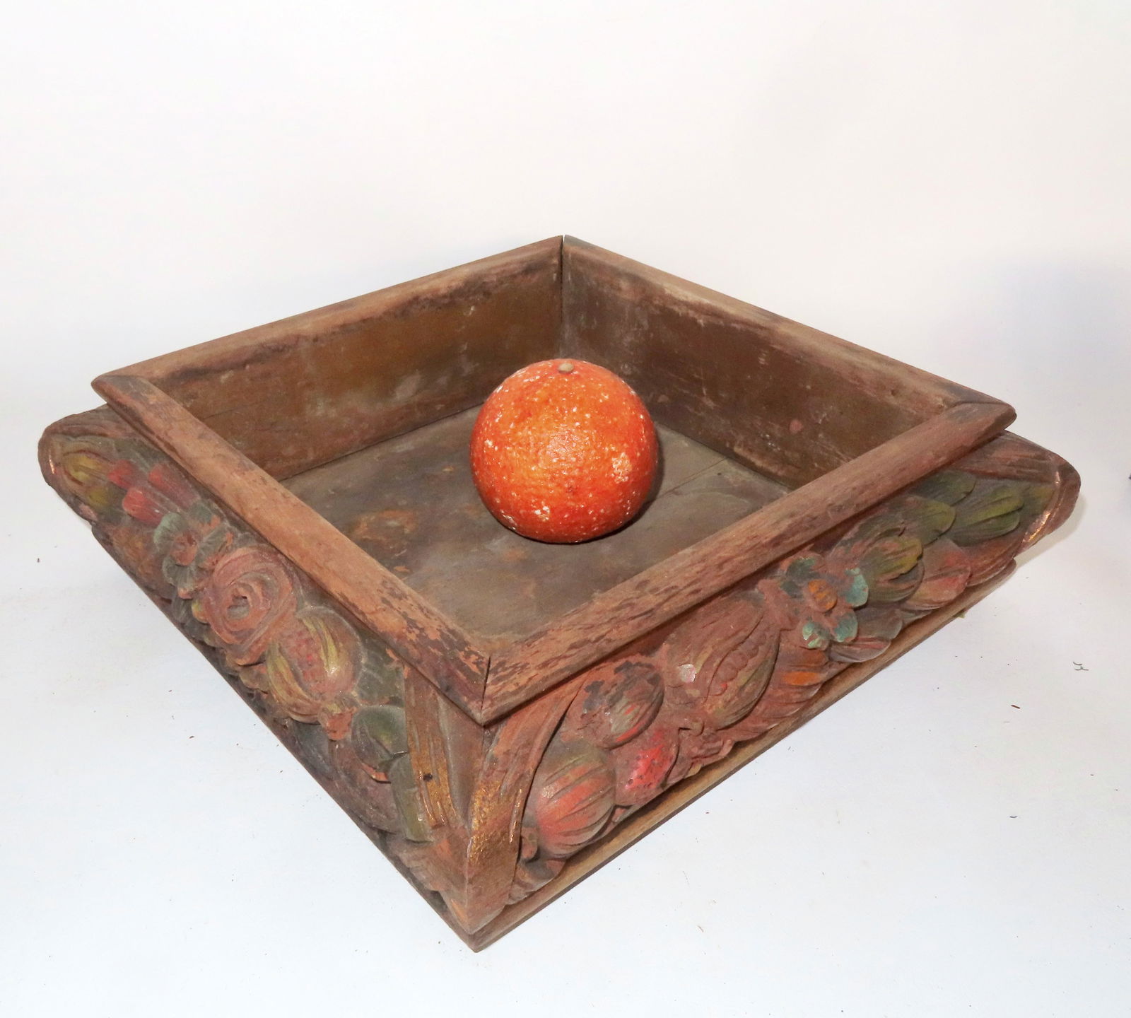 A heavily carved wooden table top fruit or apple box, late 19th century, traces of original paint, g (1 of 10)