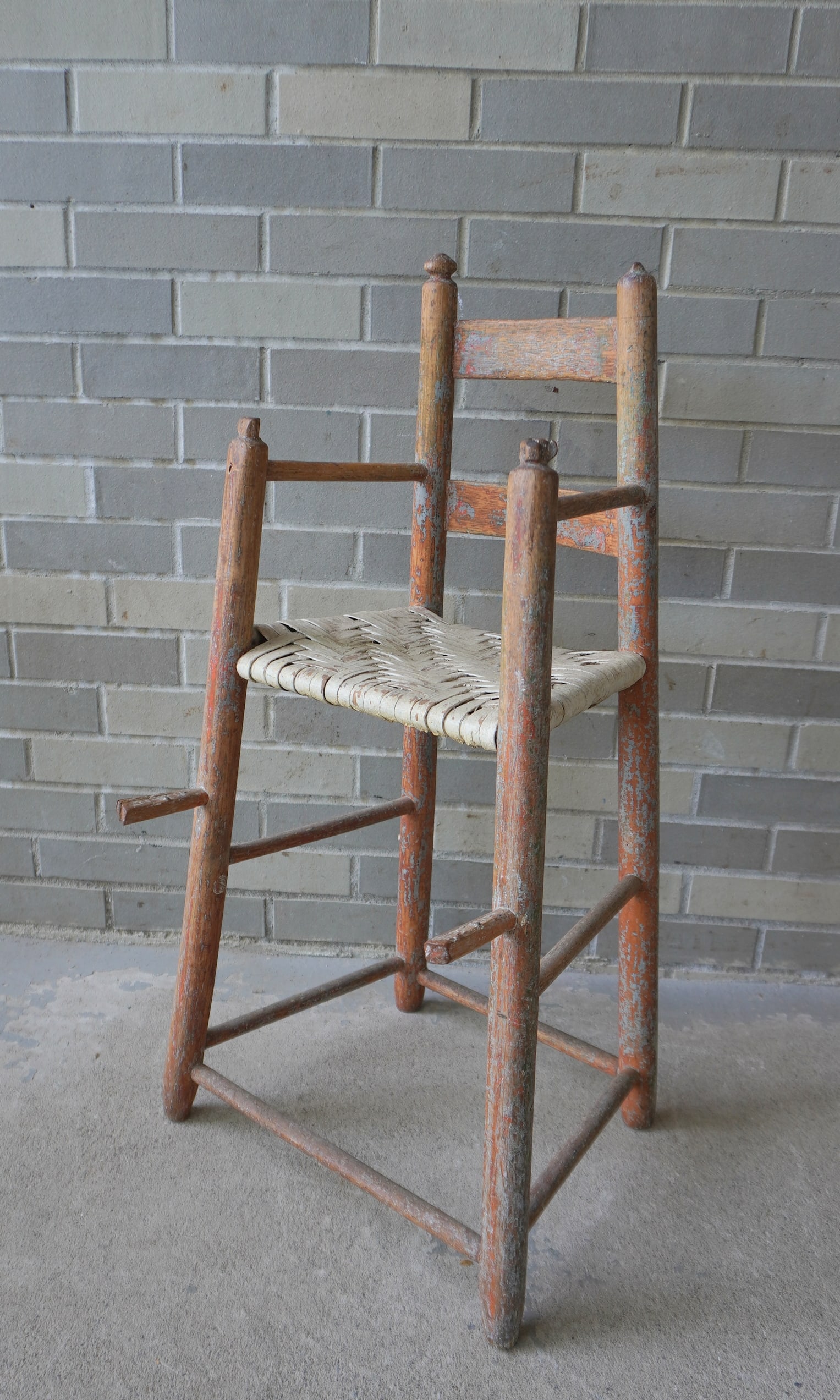 A primitive early American child's high chair with traces of original blue paint, turned and splayed (1 of 4)