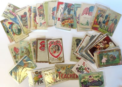 Grouping of 57 post cards, early 20th century including: 21 patriotic cards - one with loss in corne