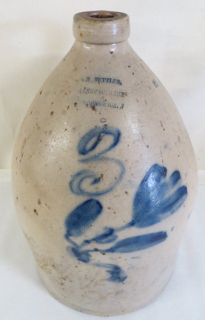 Stoneware jug - 3 gal with blue floral decorations - si: Stoneware jug - 3 gal with blue floral decorations - signed Butler, Brunswick NJ. 15"H.