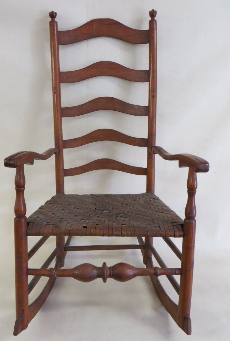 Early ladder back rocker with splint cane seat and bulb: Early ladder back rocker with splint cane seat and bulbous cross stretcher across front. Probably Delaware Valley.