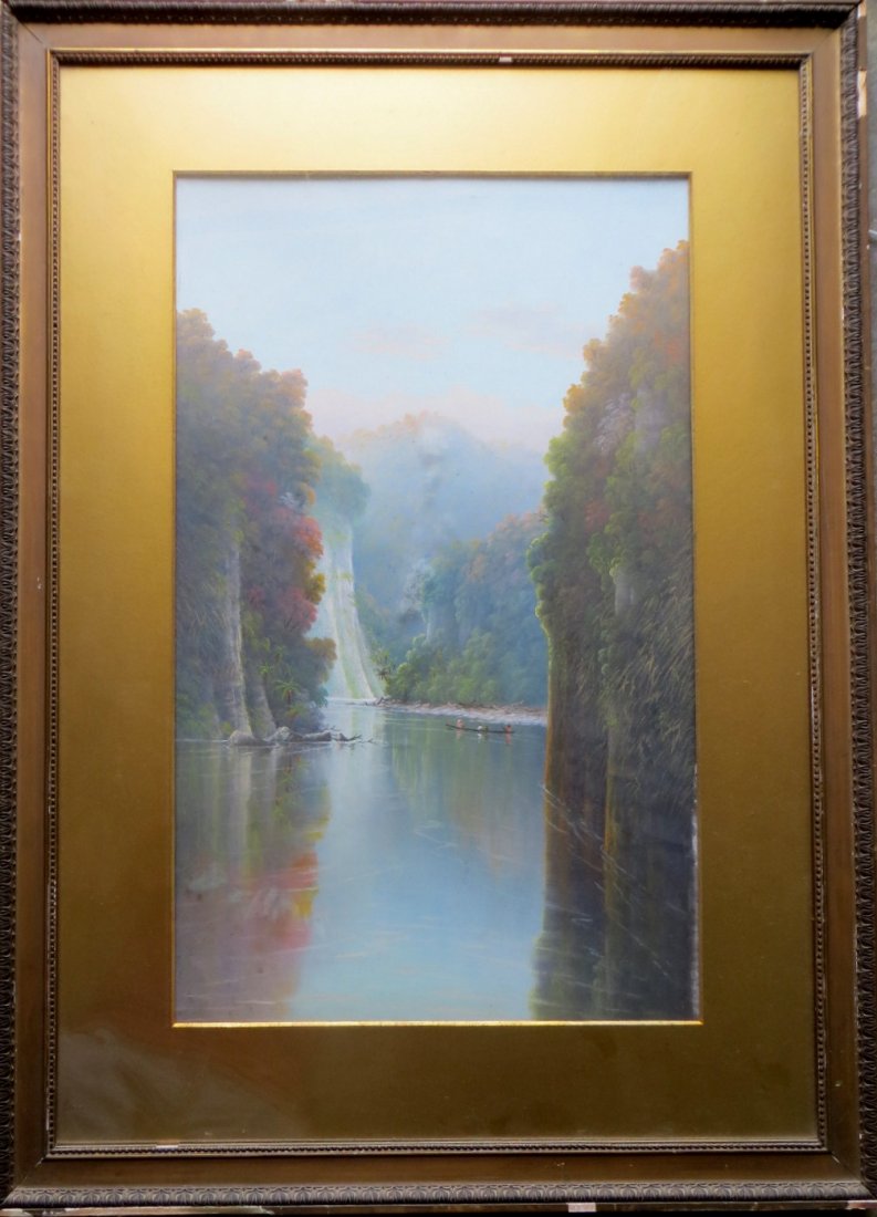 Large pastel of waterfall, river, figures in rowboat - : Large pastel of waterfall, river, figures in rowboat - signed on reverse "Wanganni River, New Zealand" - not signed but attributed to John Douglas Perrett, New Zealand 1859-1937 - original oak frame w
