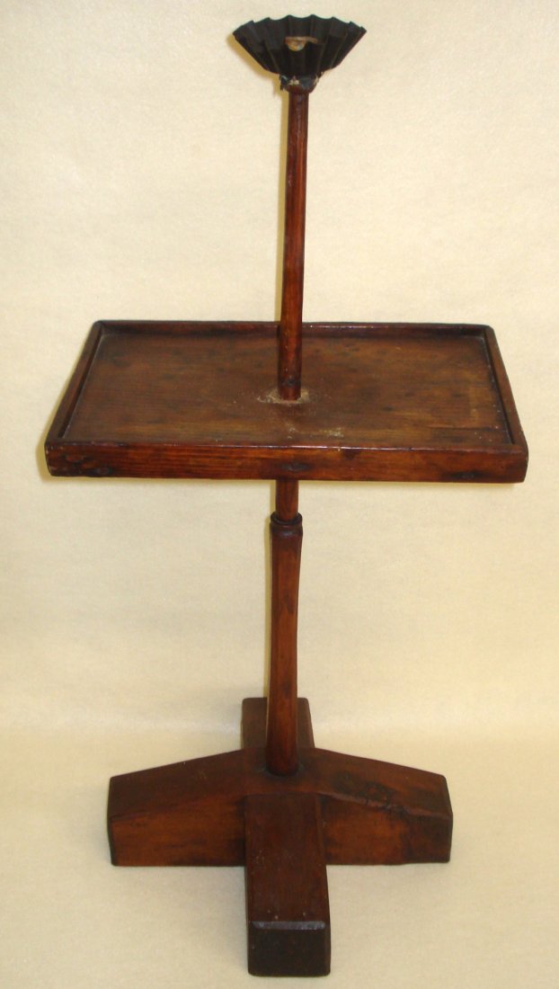 Early wooden candle holder/stand on wooden base with cr: Early wooden candle holder/stand on wooden base with crimped tin holder - probably early 19th century. 29"H.
